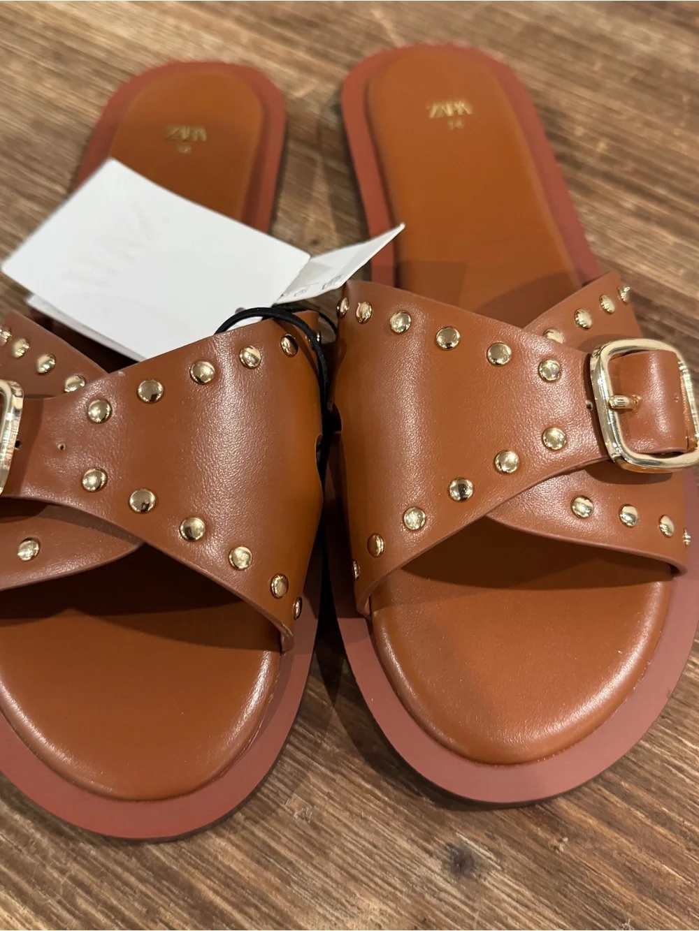 Zara Tan Brown Studded Slide Sandals with Gold Buckle